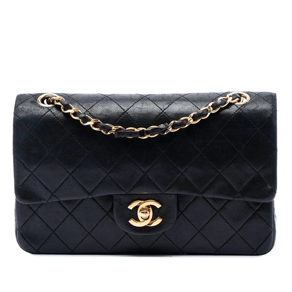 Chanel Small Classic Lambskin Double Flap Black Leather Very good - Front View