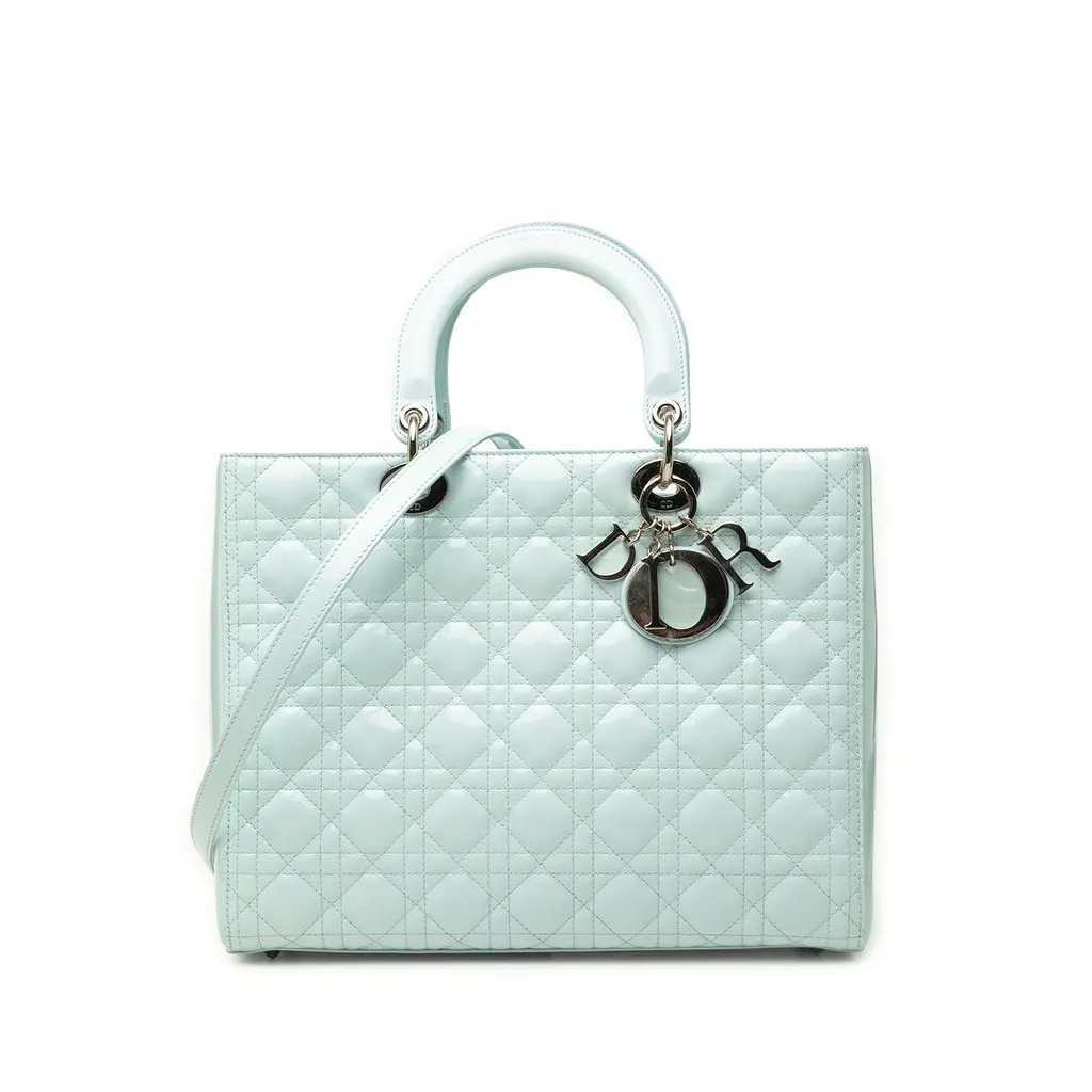 Dior Large Patent Cannage Lady Dior Blue Leather Good - Front View