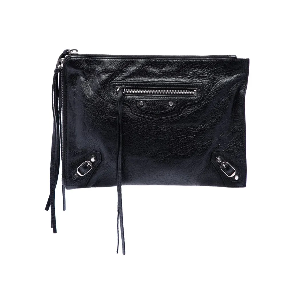Balenciaga Lambskin Motocross Classic Zip Around Flat Clutch Black Leather Very good - Front View