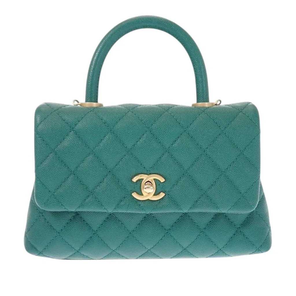 Chanel Mini Quilted Caviar Coco Top Handle Bag Green Leather Very good - Front View