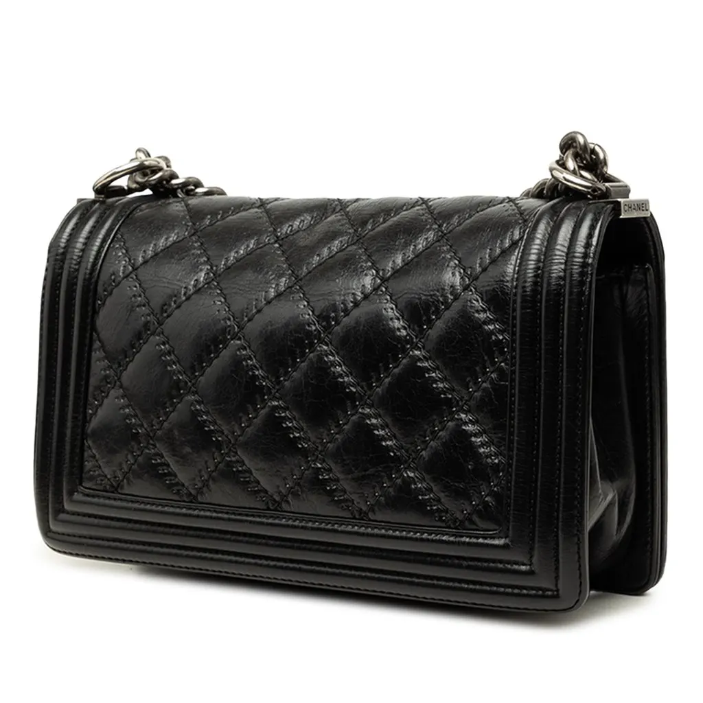 Chanel Old Medium Quilted Lambskin Double Stitch Boy Flap Black Leather Very good - Back View