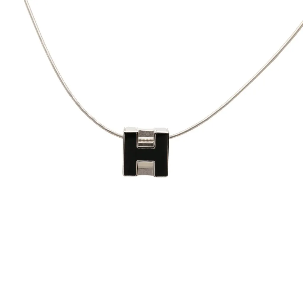 Hermès Palladium Plated Enamel Cage D H Pendant Necklace Silver Metal Very good - Back View