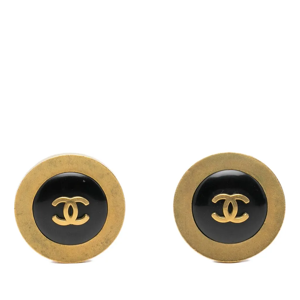 Chanel CC Gold Plated Enamel Round Clip On Earrings Gold Metal Very good - Front View