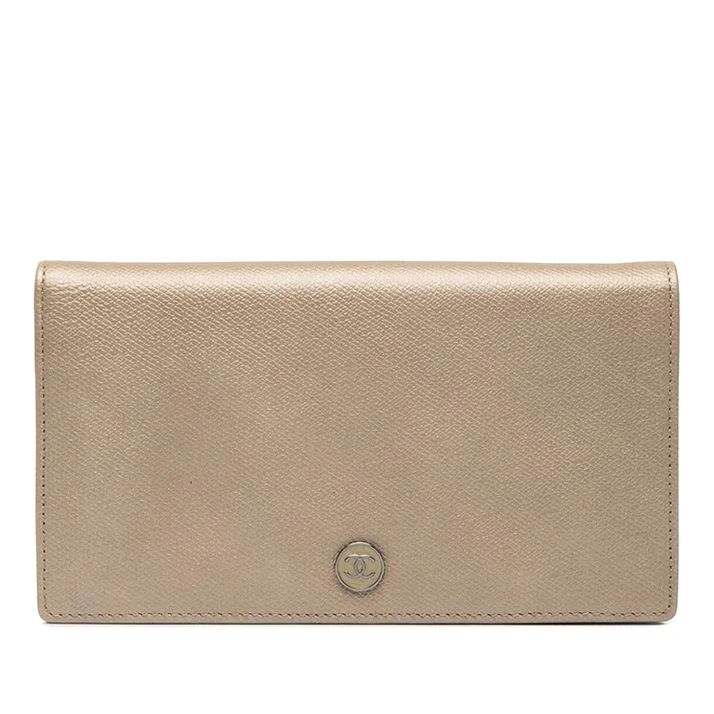 Chanel CC Calfskin Button Bifold Long Wallet Gold Leather Very good - Front View