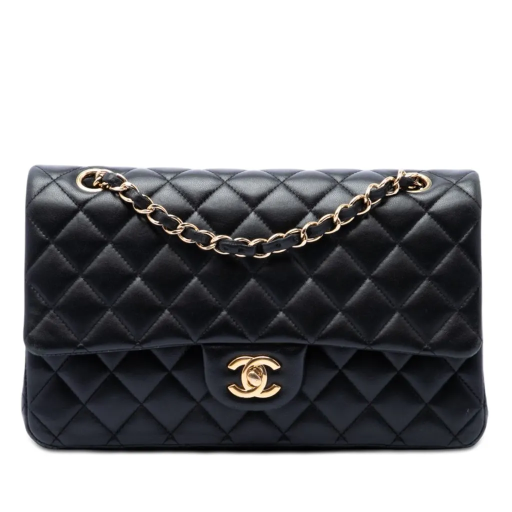 Chanel Medium Classic Lambskin Double Flap Black Leather Very good - Front View