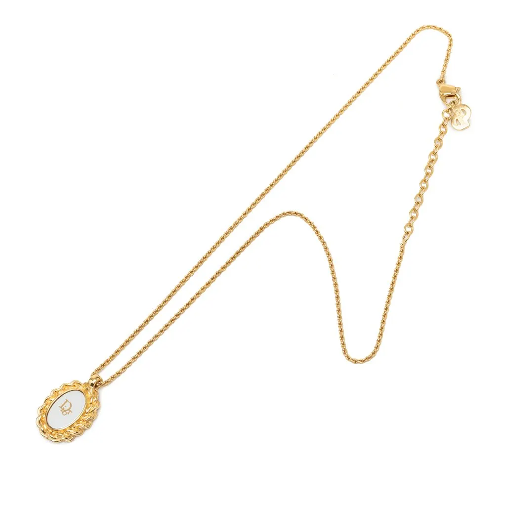 Dior Gold Plated Resin Logo Oval Pendant Necklace Gold Metal Very good - Front View