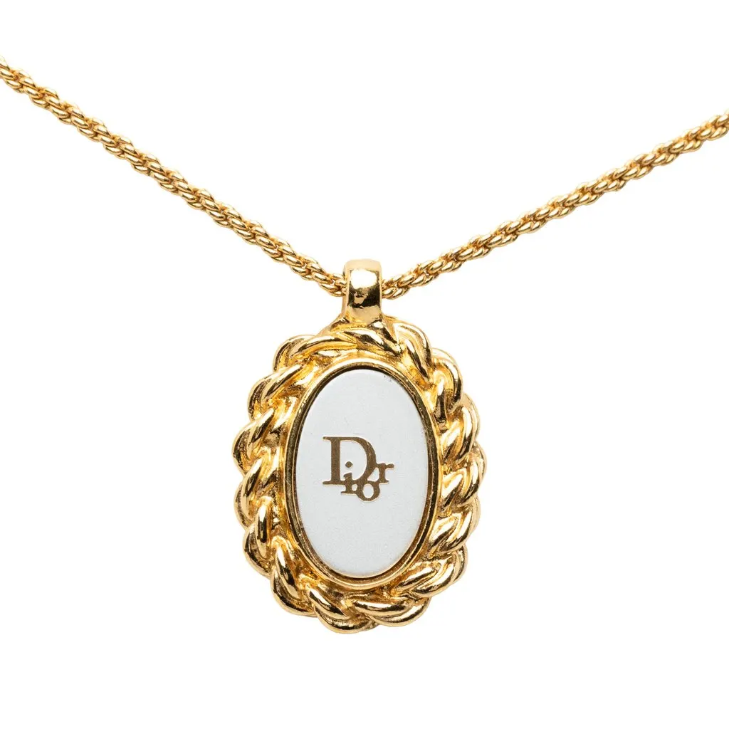 Dior Gold Plated Resin Logo Oval Pendant Necklace Gold Metal Very good - Back View