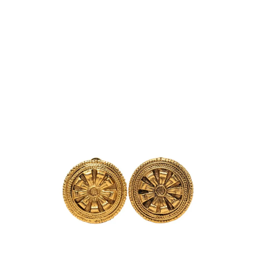 Chanel Gold Plated Round Floral Shield Clip On Earrings Gold Metal Very good - Front View