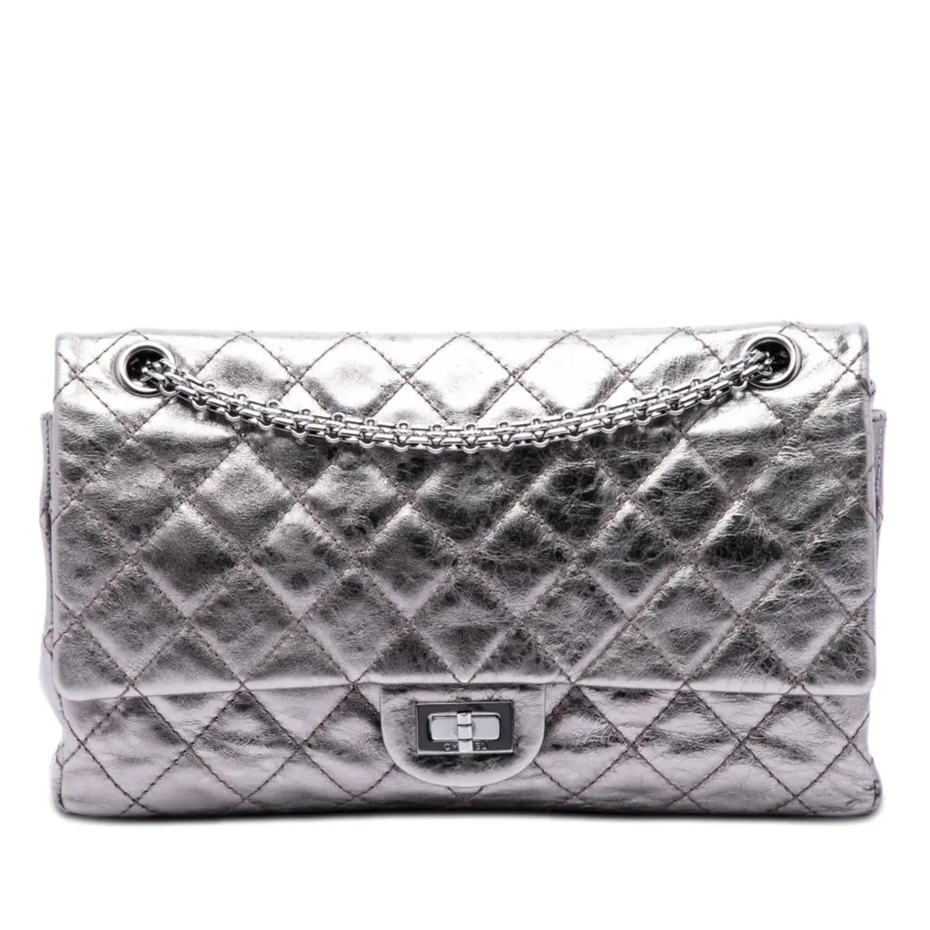 Chanel Quilted Metallic Aged Calfskin Reissue 2.55 Double Flap 226 Silver Leather Very good - Front View