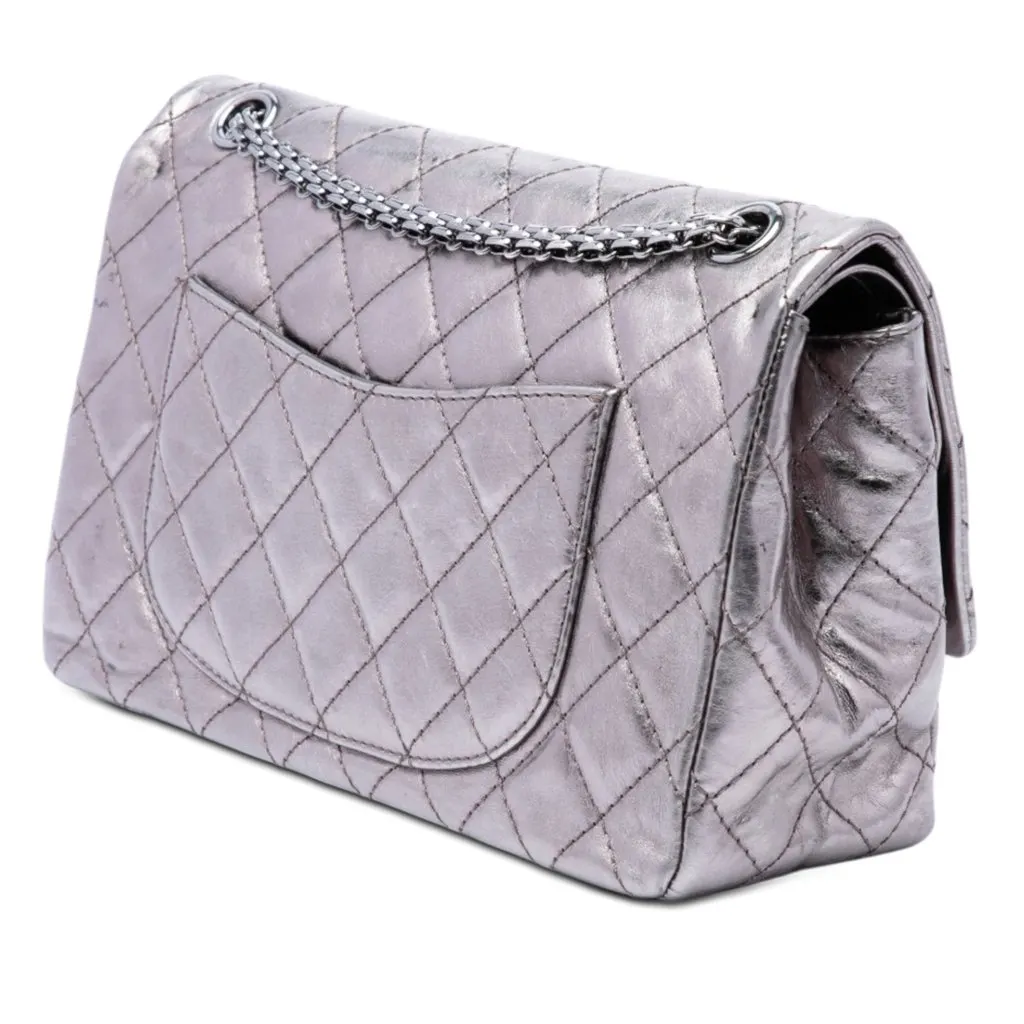 Chanel Quilted Metallic Aged Calfskin Reissue 2.55 Double Flap 226 Silver Leather Very good - Back View