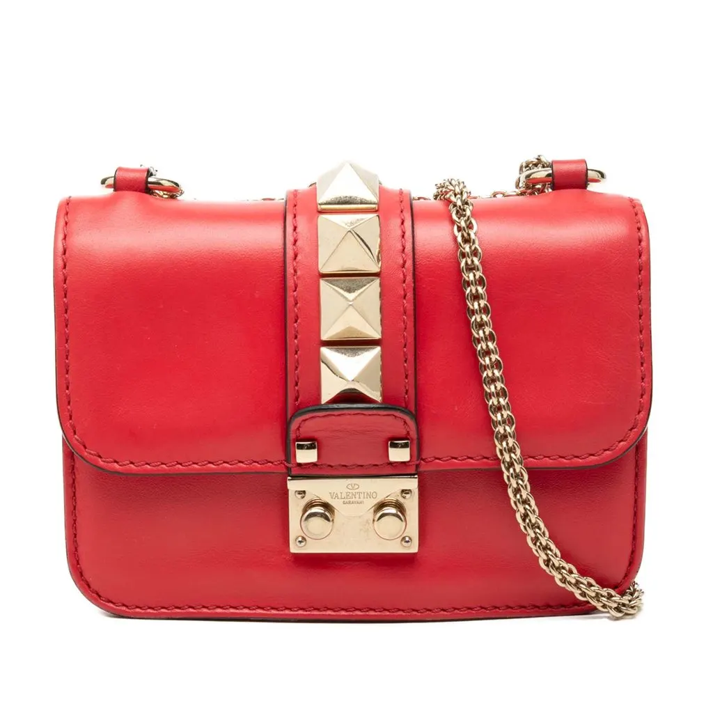Valentino Mini Leather Rockstud Glam Lock Crossbody Red Leather Very good - Front View