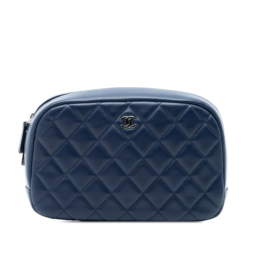 Chanel Large Quilted Lambskin Curvy Cosmetic Pouch Blue Leather Very good - Front View