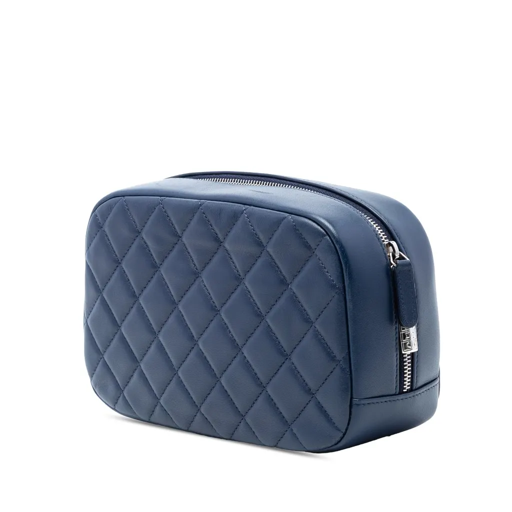 Chanel Large Quilted Lambskin Curvy Cosmetic Pouch Blue Leather Very good - Back View
