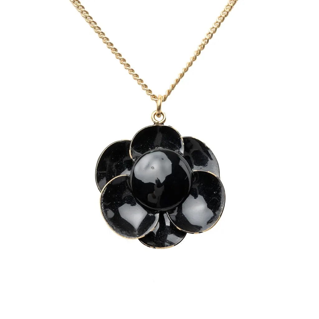 Chanel CC Gold Plated Enamel Camellia Pendant Necklace Black Very good - Back View
