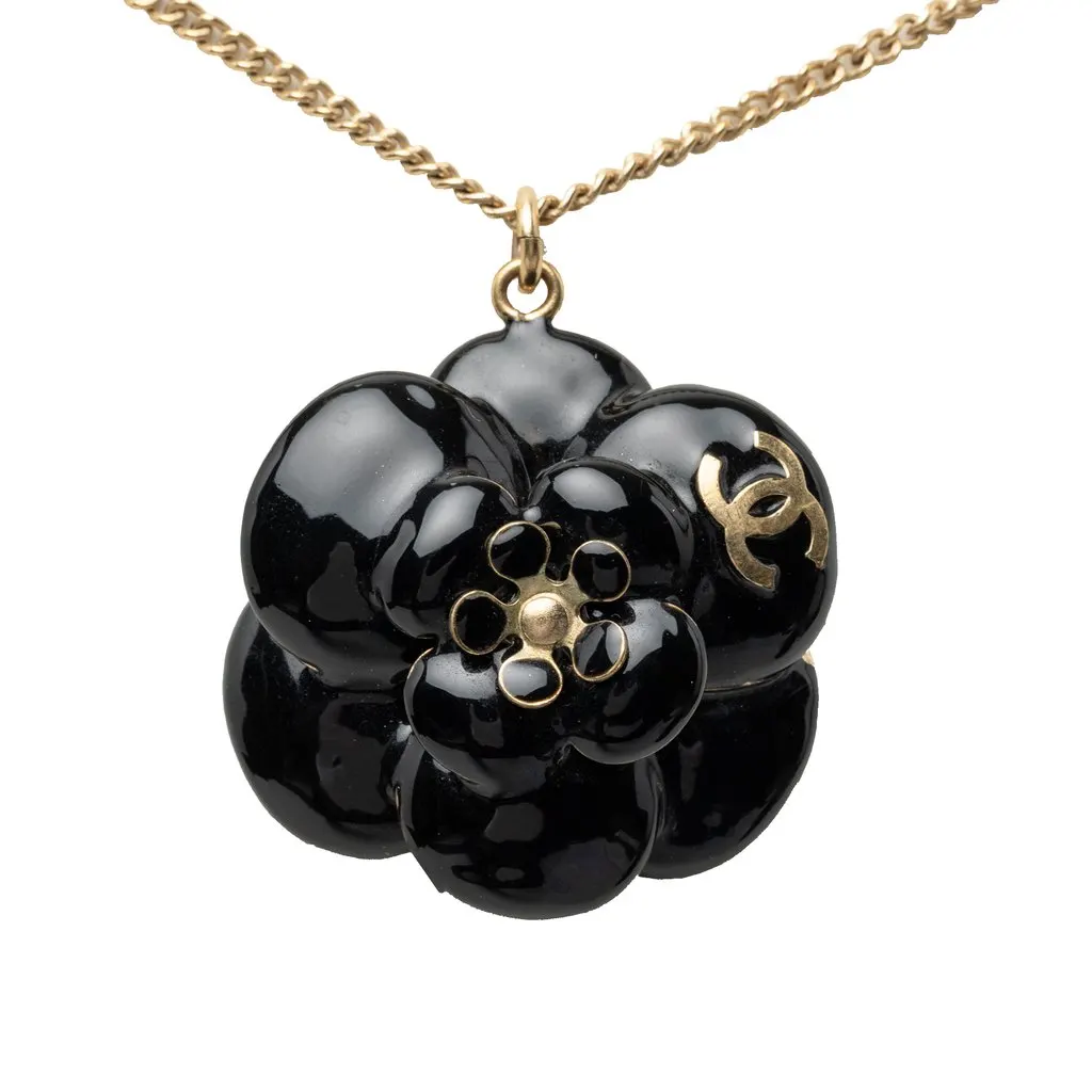 Chanel CC Gold Plated Enamel Camellia Pendant Necklace Black Very good - Inside View