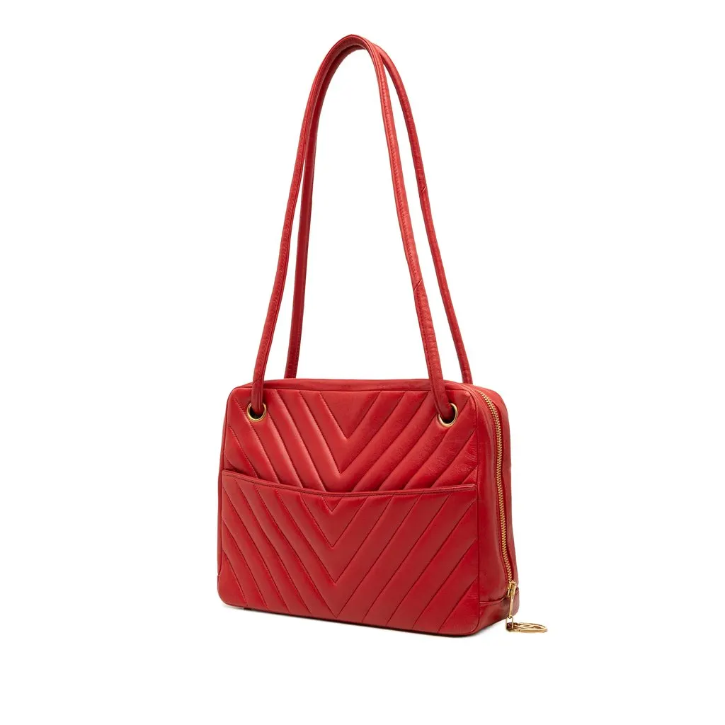 Chanel CC Chevron Lambskin Shoulder Bag Red Leather Very good - Back View