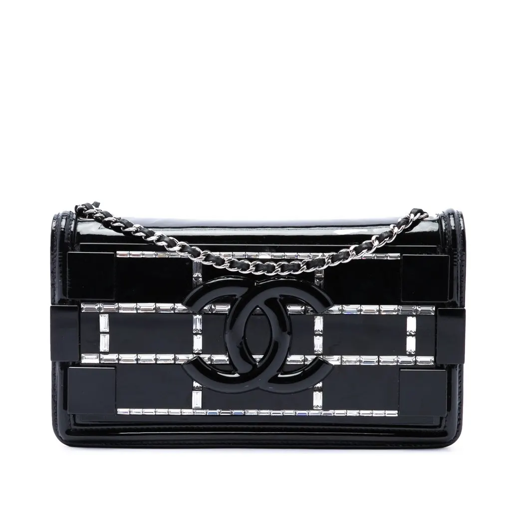 Chanel Patent and Acrylic Crystal Embellished Boy Brick Horizontal Flap Black Leather Very good - Front View