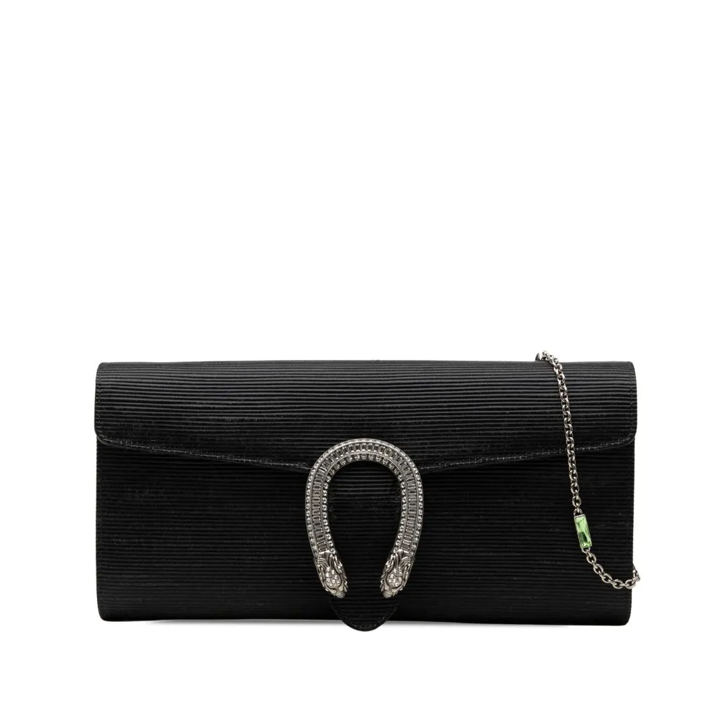 Gucci Ribbed Satin Crystal Dionysus Clutch on Chain Black Satin Very good - Front View