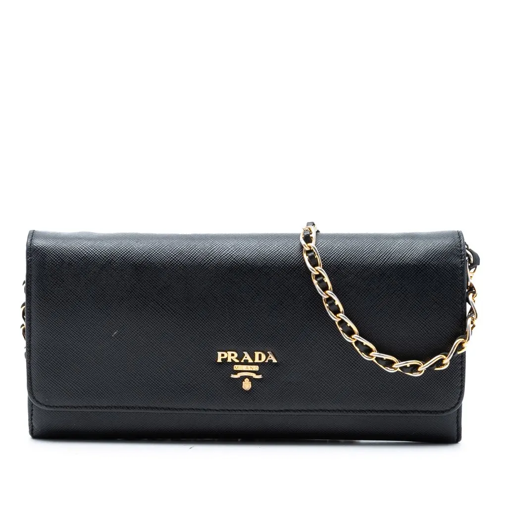 Prada Saffiano Wallet On Chain Black Leather Very good - Front View
