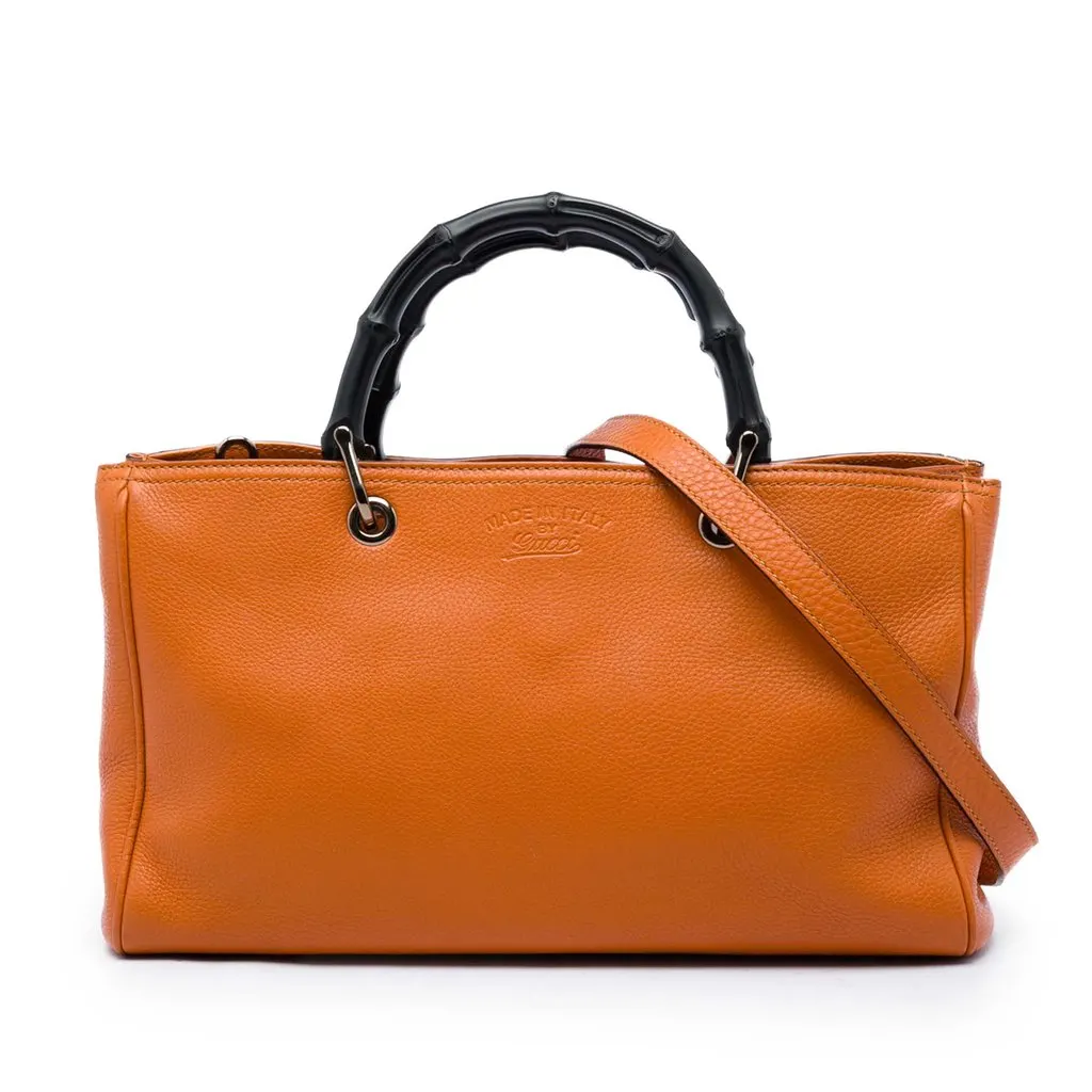 Gucci Medium Calfskin Bamboo Shopper Satchel Orange Leather Good - Front View