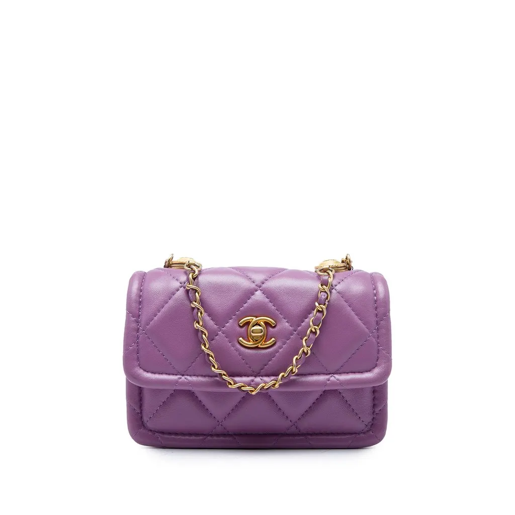 Chanel Mini Quilted Shiny Lambskin Button On Top Flap Purple Leather Very good - Front View