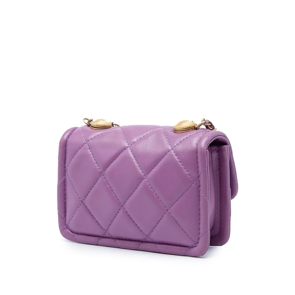 Chanel Mini Quilted Shiny Lambskin Button On Top Flap Purple Leather Very good - Back View