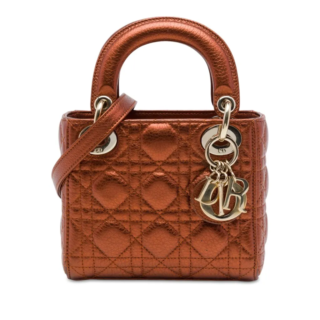 Dior Mini Metallic Calfskin Cannage Lady Dior Brown Leather Very good - Front View