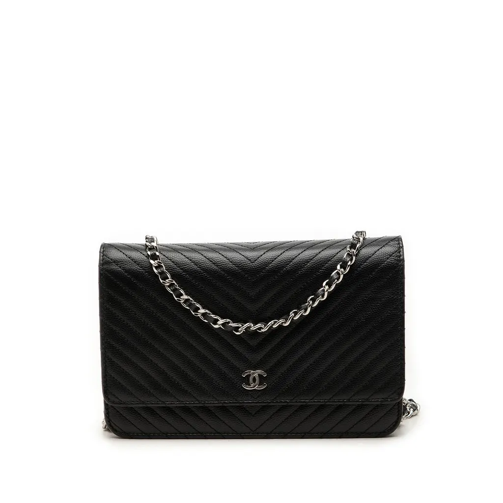 Chanel CC Chevron Caviar Wallet On Chain Black Leather Good - Front View