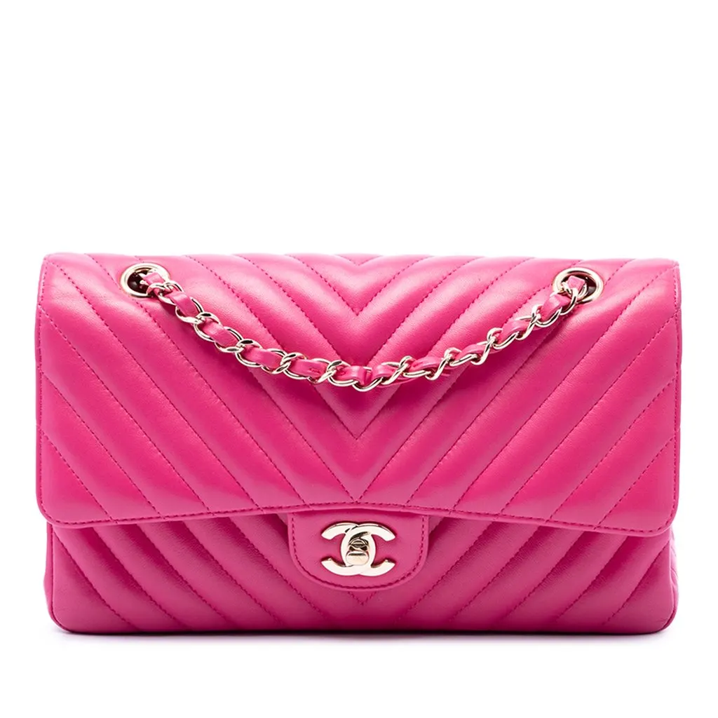 Chanel Medium Classic Chevron Lambskin Double Flap Pink Leather Very good - Front View