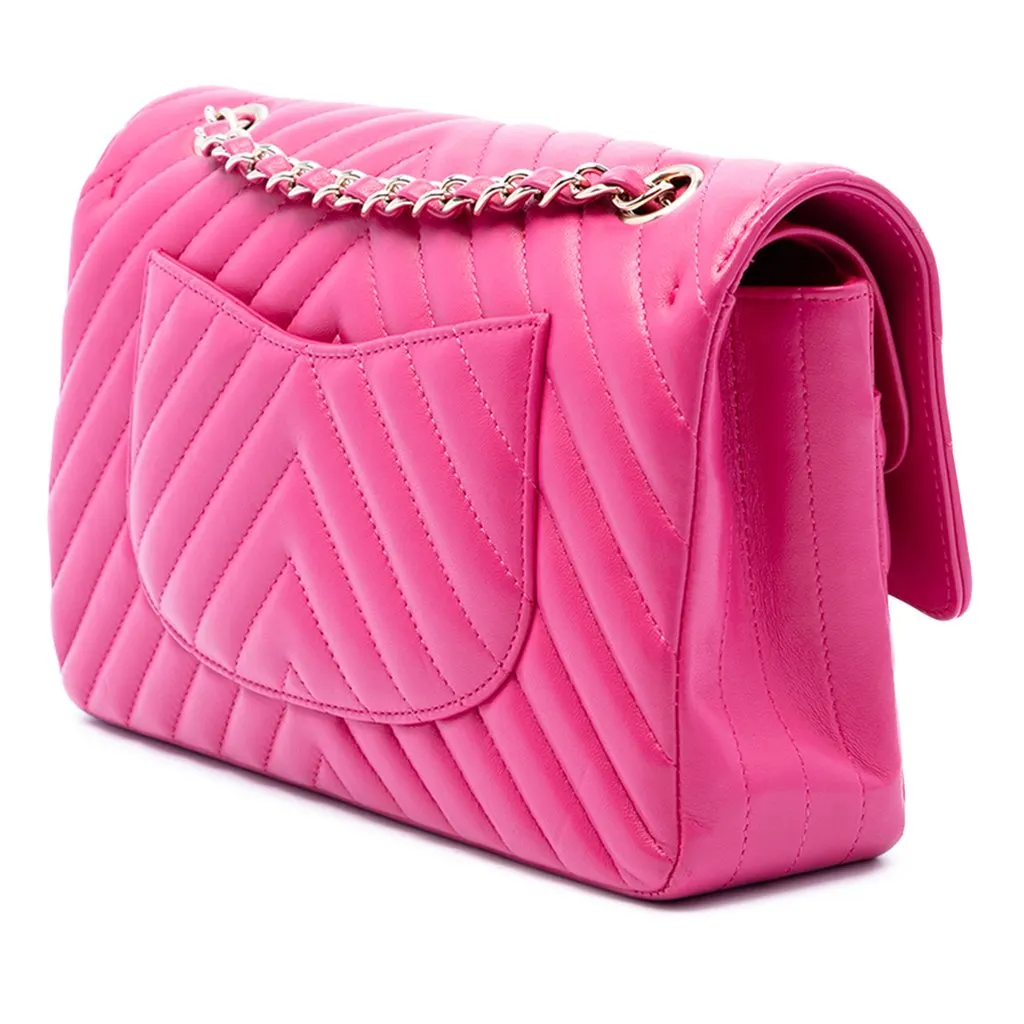 Chanel Medium Classic Chevron Lambskin Double Flap Pink Leather Very good - Back View