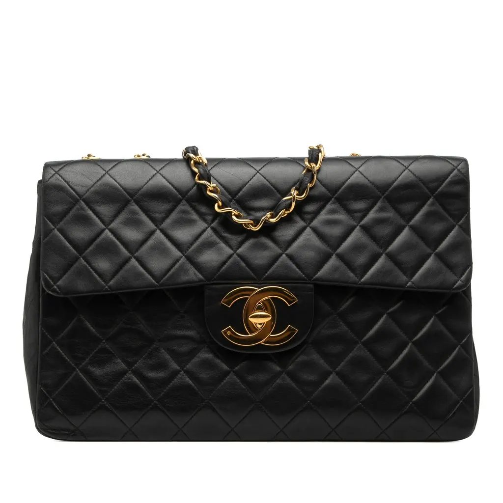 Chanel Maxi XL Classic Lambskin Single Flap Black Leather Good - Front View