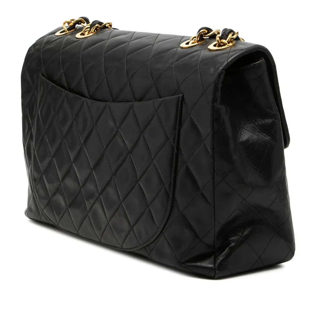 Chanel Maxi XL Classic Lambskin Single Flap Black Leather Good - Back View