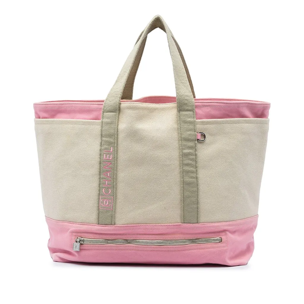Chanel Large Bicolor Canvas Sports Ligne Tote Beige Canvas Very good - Front View
