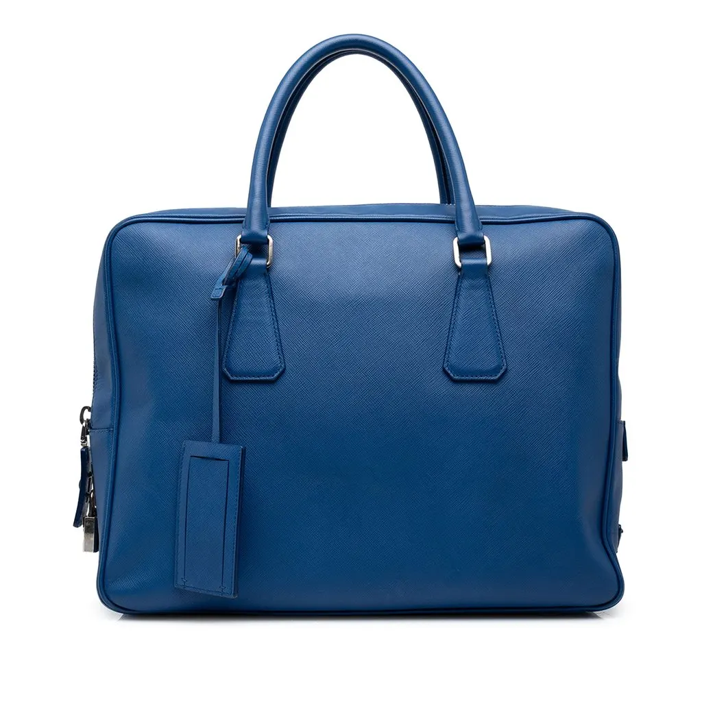 Prada Saffiano Business Bag Blue Leather Good - Front View