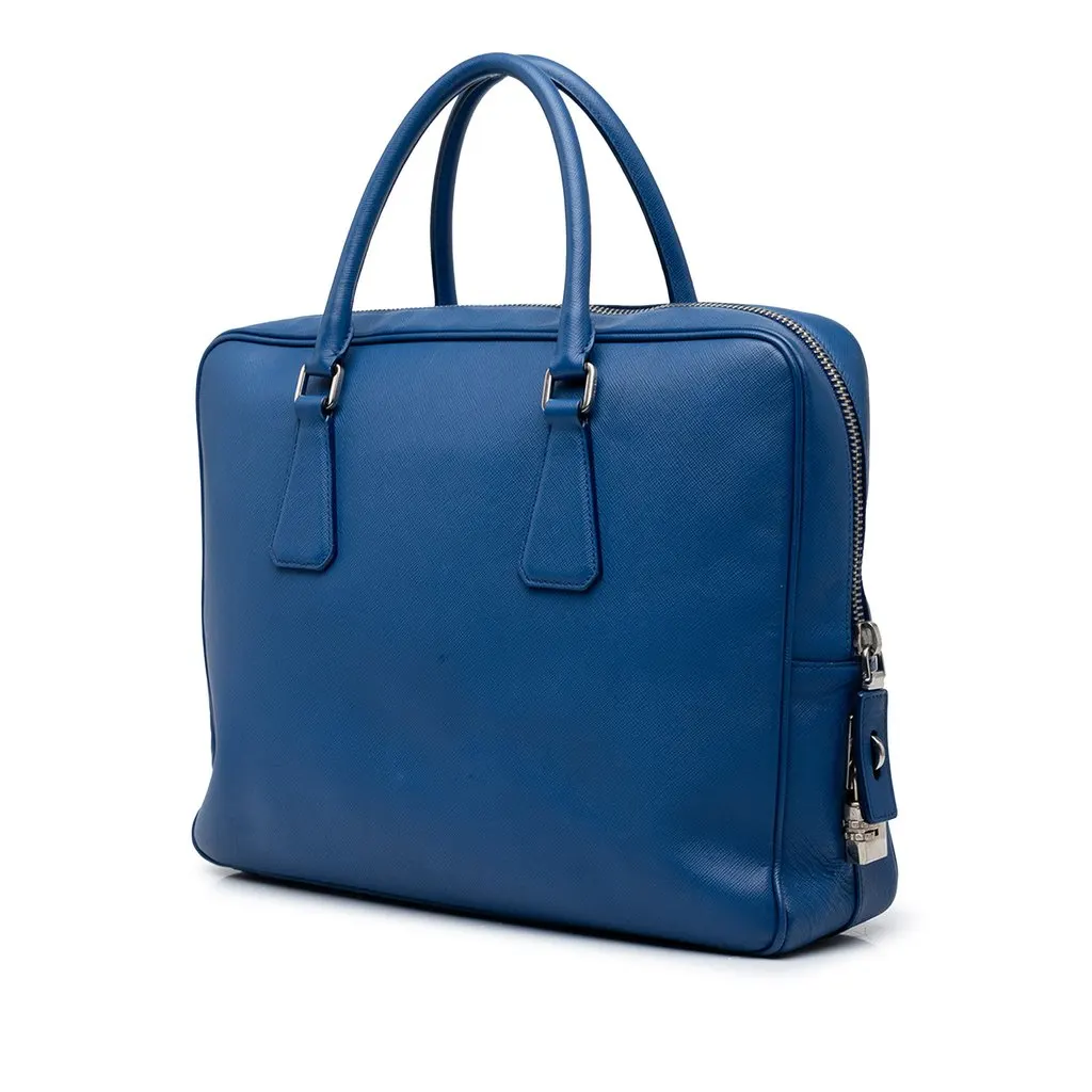 Prada Saffiano Business Bag Blue Leather Good - Back View