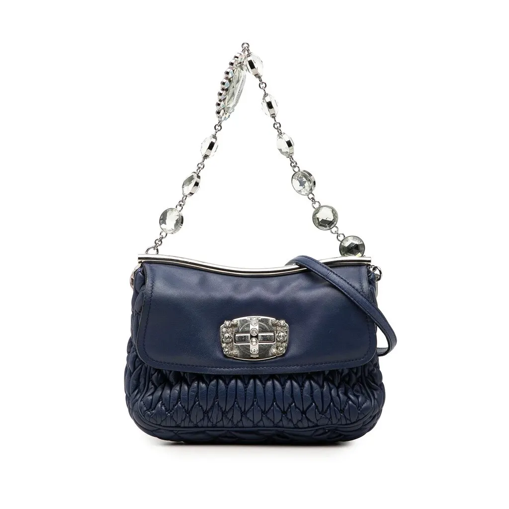 Miu Miu Matelasse Nappa Crystal Frame Flap Satchel Blue Leather Very good - Front View
