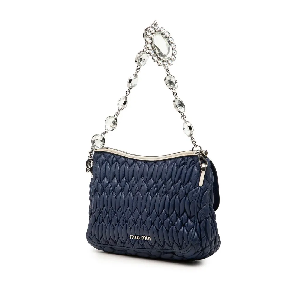 Miu Miu Matelasse Nappa Crystal Frame Flap Satchel Blue Leather Very good - Back View