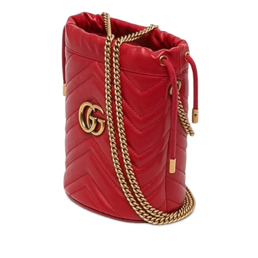 Gucci Small GG Marmont Matelasse Calfskin Bucket Bag Red Leather Very good - Back View