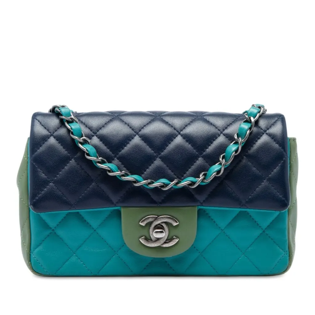 Chanel Mini Rectangular Classic Tricolor Lambskin Single Flap Blue Leather Very good - Front View