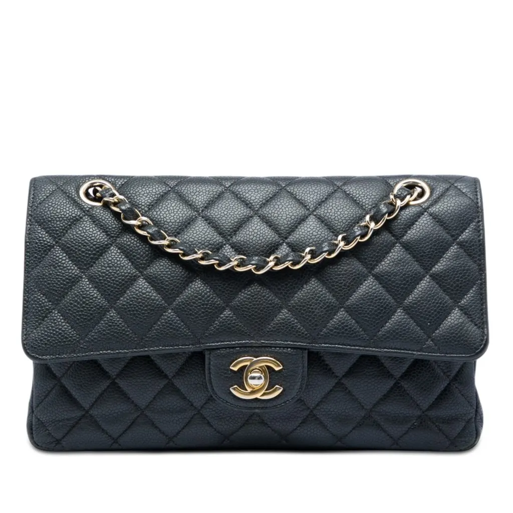 Chanel Medium Classic Caviar Double Flap Black Leather Very good - Front View