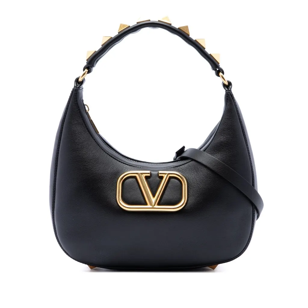 Valentino Calfskin Stud Sign Zip Hobo Black Leather Very good - Front View