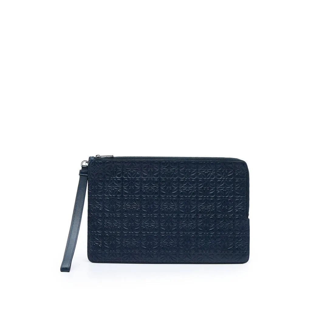 LOEWE Embossed Anagram Calfskin Repeat Double Flat Pouch Blue Leather Very good - Front View