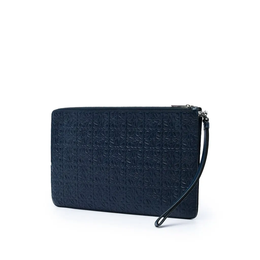LOEWE Embossed Anagram Calfskin Repeat Double Flat Pouch Blue Leather Very good - Back View