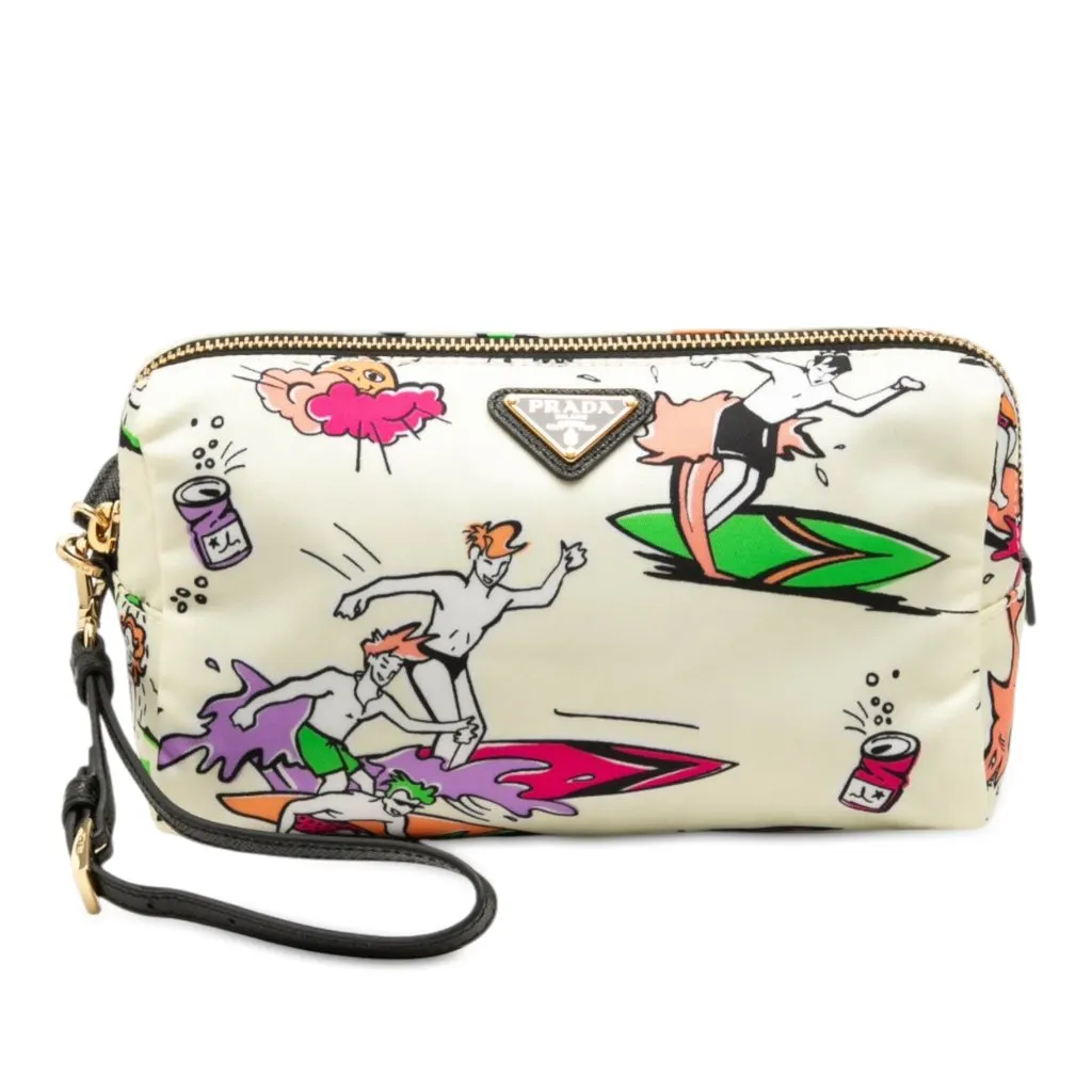Prada Tessuto Stampato Surf Cosmetic Pouch White Polyamide Very good - Front View