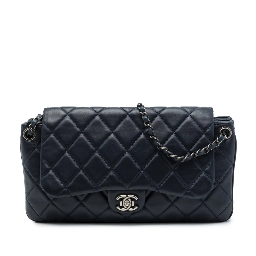 Chanel CC Quilted Lambskin Accordion Flap Blue Leather Very good - Front View
