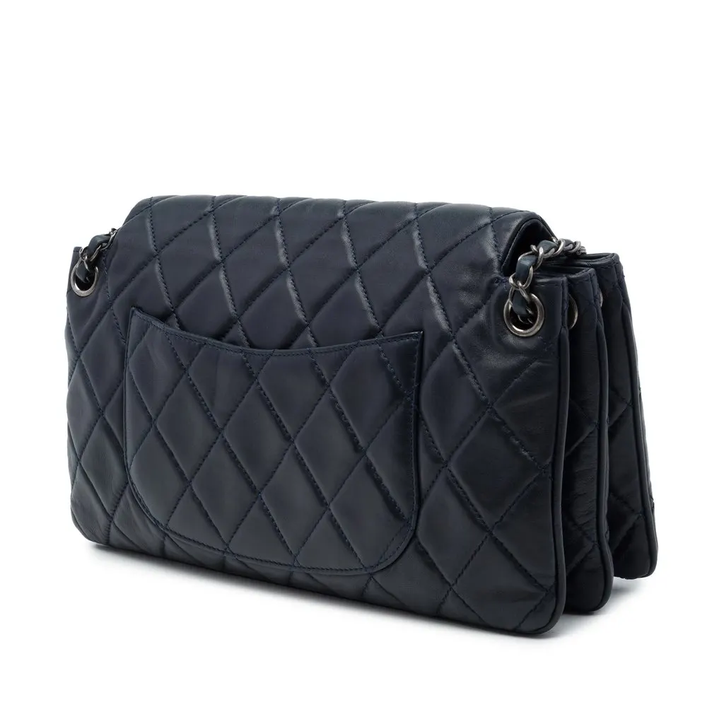Chanel CC Quilted Lambskin Accordion Flap Blue Leather Very good - Back View