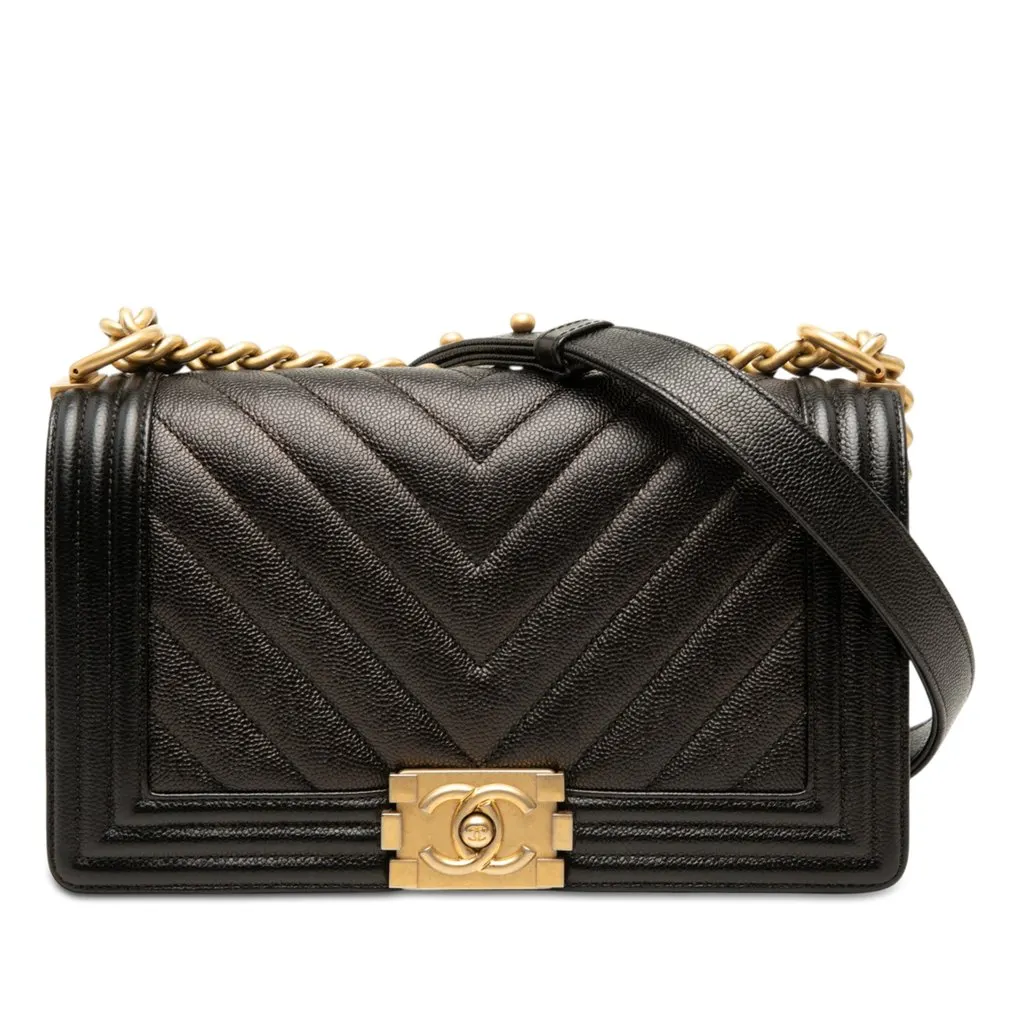 Chanel Old Medium Chevron Caviar Boy Flap Black Leather Very good - Front View