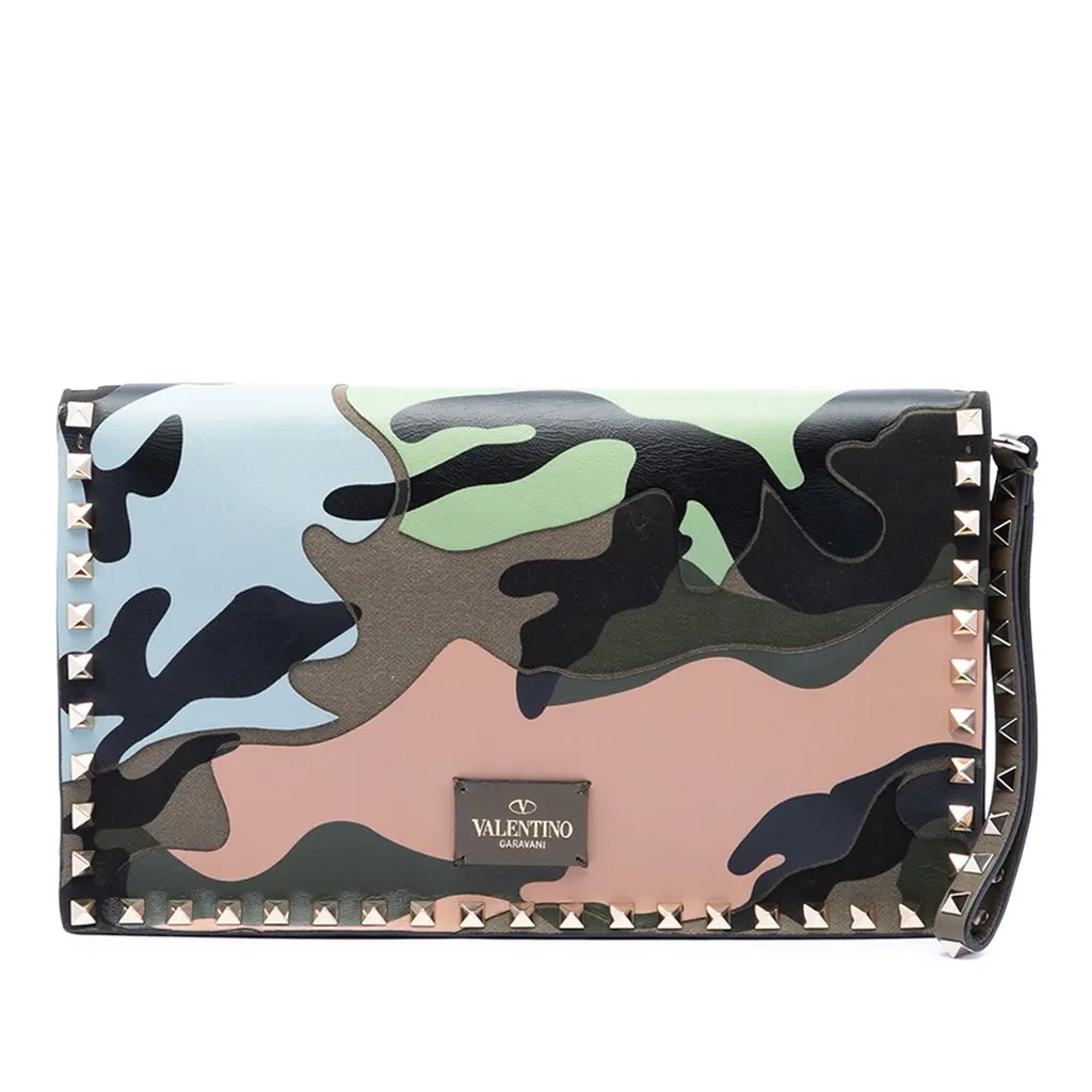 Valentino Canvas and Nappa Camouflage Rockstud Wristlet Clutch Brown Very good - Front View