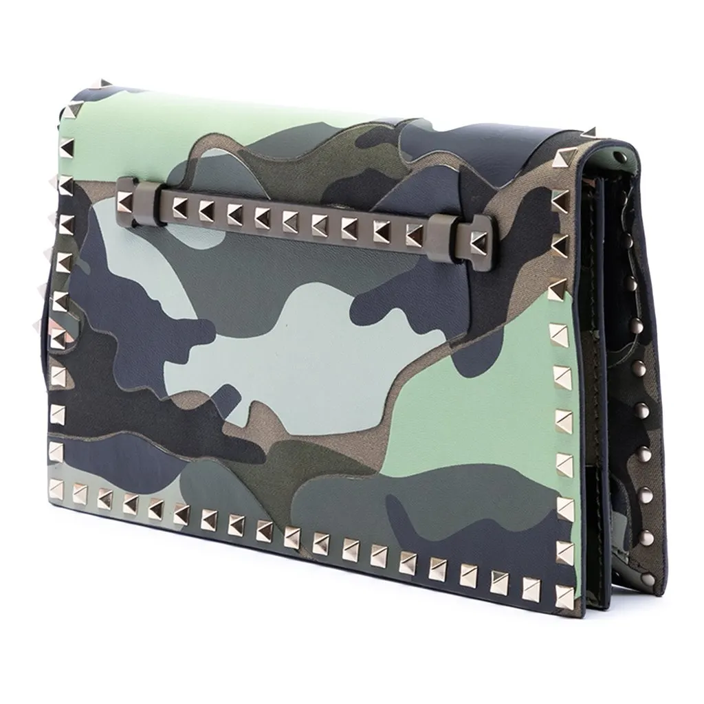 Valentino Canvas and Nappa Camouflage Rockstud Wristlet Clutch Brown Very good - Back View