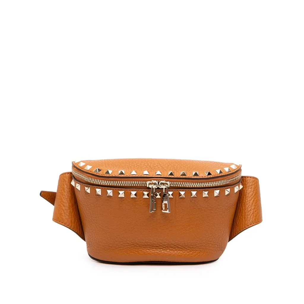Valentino Grained Calfskin Rockstud Belt Bag Brown Leather Very good - Front View